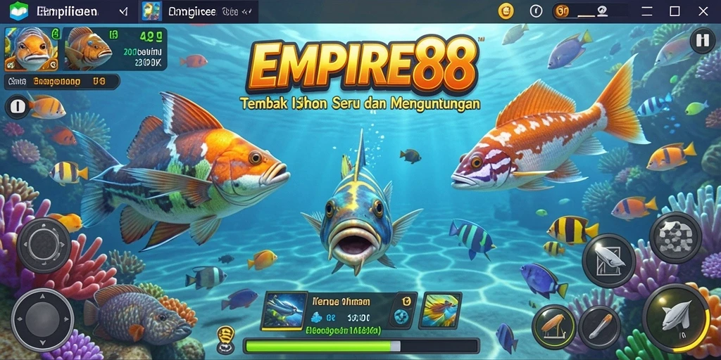 Screenshot gameplay EMPIRE88 menampilkan aksi menangkap ikan dengan senjata menarik.