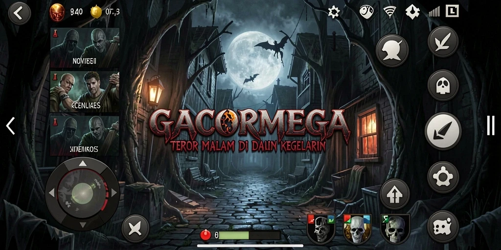 Screenshot gameplay GACORMEGA menampilkan aksi menegangkan dalam suasana kegelapan.