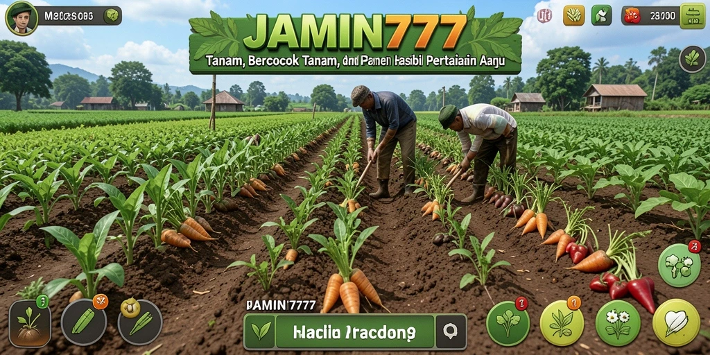 Screenshot gameplay <strong>JAMIN777</strong> menunjukkan kebun yang subur dan aktivitas bertani yang seru.