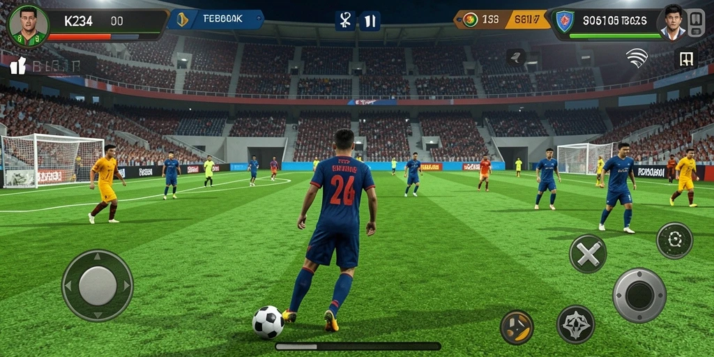 Tangkapan layar gameplay K234 yang menampilkan aksi pertandingan sepak bola yang mendebarkan.