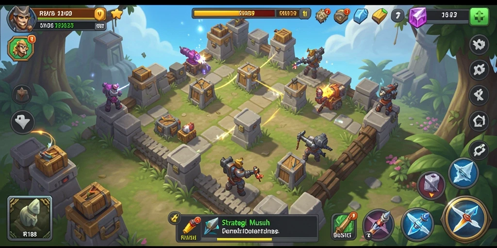 Tangkapan layar utama gameplay RI188 menampilkan pertarungan tower defense yang seru.